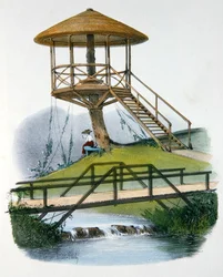 En hytte og rustikk bro ved Parc de la Motte, Bourgogne, illustrasjon fra 