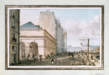 Utsikt over det nye fjærfemarkedet, som ligger på Quai des Augustins nær Pont-Neuf, Paris, ca. 1810 (akvarell)
