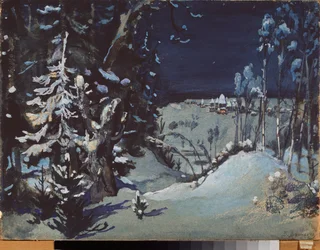 Forberedende dekor for teaterstykket ""La demoiselle des neiges"" av Alexandre Ostrovsky (1823-1886) (Scenedesign for teaterstykket Snow Maiden av A Ostrovsky) La foret enneigee - Verk av Viktor Mikhaylovich Vasnetsov (1848-1926) , olje på ca