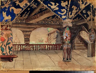 Forberedende dekor for teaterstykket ""La demoiselle des neiges"" av Alexandre Ostrovski (1823-1886) (Scenedesign for teaterstykket Snow Maiden av A Ostrovsky) Treterrassen - Verk av Viktor Mikhaylovich Vasnetsov (1848-1926) ) , olje på