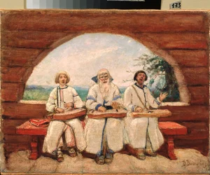 The Gusli Players (The Gusli Players) (tradisjonelt blinde, tiggermusikere) - Maleri av Viktor Mikhaylovich Vasnetsov (1848-1926), olje på lerret
