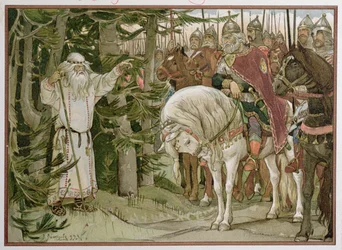 Prins Oleg (d.c.912) møter spåmannen som profeterer at hesten hans vil være årsaken til hans død, illustrasjon fra 