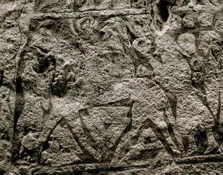 De døde som rir på Odins hest, detalj av en vikingbegravelsesstein, 7.-8. århundre e.Kr.