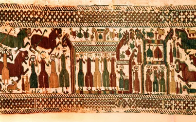 Viking: sangere og ringeklokker. Tapetet av kirken Skog, Suede, sent på 1100-tallet. Stockholm, historiska museet