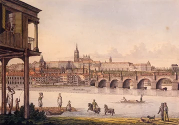 Utsikt over det lille kvarteret og Praha slott Hradcany fra Papoueks bad, 1825 (farget etsning)
