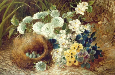 Et stilleben av blomster og et fuglerede på en mosegrodd bredd