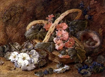 Et fuglerede og en kurv med blomster (akvarell)