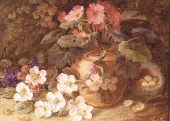 Stilleben med epleblomst, primula og fuglerede