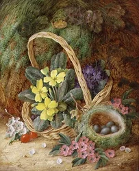 Stilleben med primula og et fuglerede (olje på lerret)