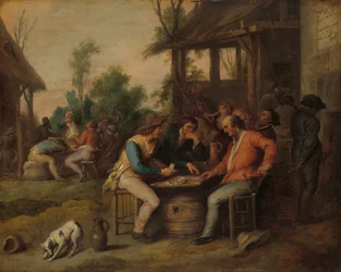 To menn på kortspill utenfor et vertshus, ca. 1650 (olje på panel)
