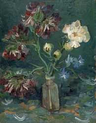 Flaske med peoner og blå delphiniums av Gogh, Vincent, van (1853-1890). Olje på papp, størrelse: 34,5x27