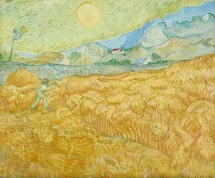 Innhøstingen, kornåker med slåttekar. 1889