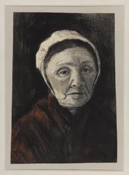 Hodet til en gammel kvinne i en Scheveninger-hette, 1882-83 (kull, svart og brunt kritt på papir)
