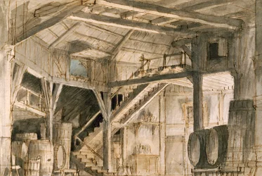 Scenografi av Francesco Bagnara, for Norma, opera av Vincenzo Bellini (1801-1835), fremført på La Fenice Theatre i Venezia