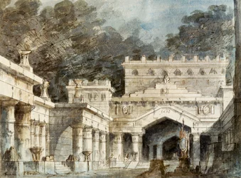 Scenografi av Francesco Bagnara for femte scene av Norma, opera av Vincenzo Bellini (1801-1835), fremført på La Fenice Theatre i Venezia