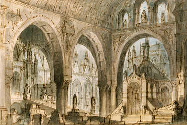Scenografi av Francesco Bagnara for fjerde scene av Capuleti og Montecchi, opera av Vincenzo Bellini (1801-1835), fremført på La Fenice Theatre i Venezia