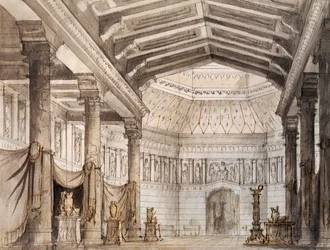 Scenografi av Francesco Bagnara for andre scene av Norma, opera av Vincenzo Bellini (1801-1835), fremført på La Fenice Theatre i Venezia