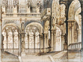 Scenografi av Francesco Bagnara for tredje scene av Capuleti og Montecchi, opera av Vincenzo Bellini (1801-1835), fremført på La Fenice Theatre i Venezia