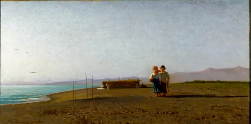 Utsikt over stranden i Viareggio morgensolen på den toskanske kysten, to barn silhuetter. Maleri av Vincenzo Cabianca (1827-1902)