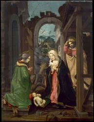 Jesu fødsel med den hellige Katarina. Tilbedelse av Jesusbarnet med Madonna, den hellige Josef og den hellige Katarina, ca. 1495 (olje på panel)