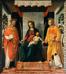 Madonna og barn mellom St. Faustinus og St. Jovita, av Vincenzo Foppa (ca 1427-ca 1515), Tempera på lerret, 205x226 cm