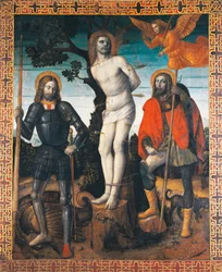St. Sebastian, St. Rocco og St. Giorgio, baksiden av prosesjonsbanneret til Orzinuovi, av Vincenzo Foppa (ca1427 - ca1515), maleri på lerret.