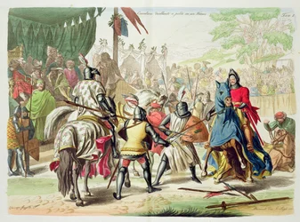 Riddere i duell til fots i en turnering, plansje 1 fra The History of the Nations, gravert av G. Lago