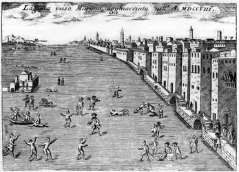 Venice, Italy. The lugune towards Murano ice in 1708 in “” Singolarita di Venezia”” by Vincenzo Coronelli (1650-1718).