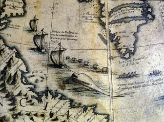 Hvalfangst: Hvalen bringes i land for å utvinne olje. Fra Coronellis klode. 17. århundre.