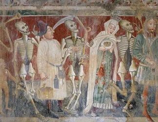 I nærheten av Pazin, dronning og kjøpmann akkompagnert av Death, Dance of Death (1474), detalj, freskomaleri i kirkegårdskirken til Church of St Mary of Rock, av Vincenzo da Castua, Beram, Istria, Kroatia