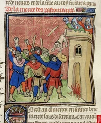 Detalj av en miniatyr av det tredje korstoget av Pastoureaux. Jøder kaster barna sine fra et tårn, etter 1380