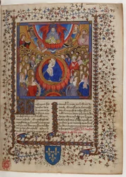 Forsiden av et manuskript av Den gylne legende: Jomfru Maria og barnet omgitt av den himmelske gård, som mottar velsignelse fra Gud Fader.
