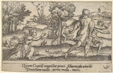 Atalanta og Hippomenes, i forgrunnen Atalanta kneler for å plukke opp et eple og..., ca. 1535-62.