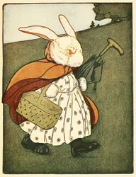 Så gikk gamle fru Rabbit gjennom skogen til bakeren, fra The Tale of Peter Rabbit, pub. 1916 (farge litho)