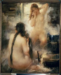 Dans un bain devapor (badstue) - I et dampbad - To nakne unge kvinner som grer håret og nyter fordelene ved tradisjonell russisk hydroterapi - Maleri av Vitali Gavrilovich Tikhov (1876-1939), olje på lerret, tidlig på 1900-tallet - Russisk kunst -Samle inn