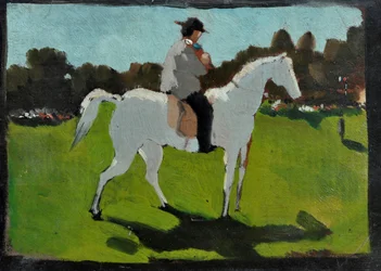 Hvit hest med jockey (olje på papir på plate)