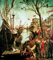 Ankomst av Saint Ursula i Köln under beleiringen av hunerne The Legend of Saint Ursula, 1490