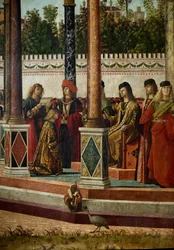Syklus av livet til Saint Ursula (bretonsk prinsesse). Tredje episode: ambassadørene tilbake til kongen av England. Detalj som representerer kongen. Utdrag fra legende doree av Jacques de Voragine (ca. 1228-1298). Maleri av Vittore Scarpazza dit