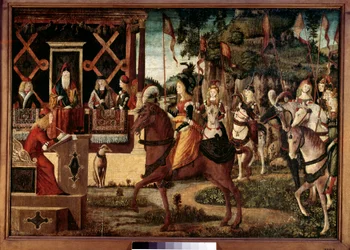 Ambassade av Hippolyte, dronning av amasonene i Thesee, konge av Athen Maleri av Vittore Carpaccio (1450-1526) Paris fra 1500-tallet, Musee Jacquemart Andre.