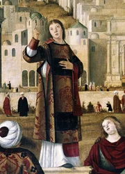 Sankt Stefan. Detalj fra «Sankt Stefans forkynnelse i Jerusalem». Maleri av Vittore Carpaccio. (1450/54–1525/26)