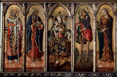 Madonna og barn med hellige polyptyk, fem separate paneler, c1480