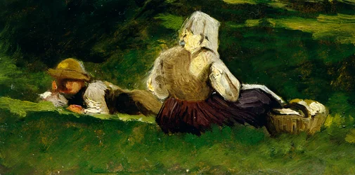 Sittende kvinne og gutt liggende på gresset, av Vittorio Avondo (1836-1910).