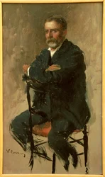 Portrett av Renato Fucini, italiensk forfatter av Vittorio Matteo Corcos (1859-1933), olje på papp, 23x14 cm