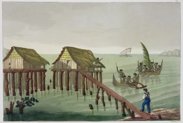 Boliger hos Papu-stammen, Rawak, tavle 22 fra «Le Costume Ancien et Moderne» av Jules Ferrario, utgitt ca. 1820-30-årene