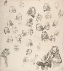 Skisser av Voltaire i en alder av åttien, 1775.