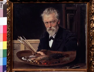 Selvportrett (Selvportrett). Maleri av Vladimir Yegorovich Makovski (Makovsky, Makovskij) (1846-1920), huile sur toile
