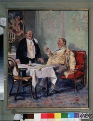 I en restaurant (In a Restaurant). En overvektig og fornøyd mann, en blomst i knapphullet gratulerer servitøren på slutten av middagen. Maleri av Vladimir Yegorovich Makovsky (Makovsky, Makovskij) (1846-1920), olje på lerret