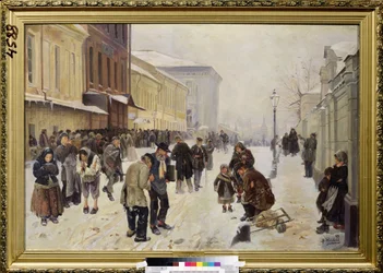 The Night Asylum (Dosshouse). Gatebilde, en mengde trengende, hjemløse mennesker er samlet foran mottaksbygningen, lider av kulde og fattigdom. Maleri av Vladimir Yegorovich Makovsky (Makovsky, Makovskij) (1846-1920), olje på lerret