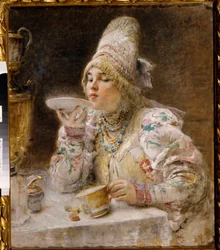Te-tid. (En Boyar-kvinne (brett, boiar), i tradisjonell kjole og hodeplagg fra hertugdømmet Moskva, sitter i nærheten av en samovar og drikker teen hun har skjenket i koppen. Maleri av Konstantin Yegorovich Makovsky (Constantin Mako