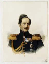 Portrett av prins Alexey Fyodorovich Orlov (1787-1862) (Portrett av prinsen A. F. Orlov). Russisk soldat og diplomat. Verk av Vladimir Ivanovich Hau (Gau) (1816-1895), akvarell på papir
